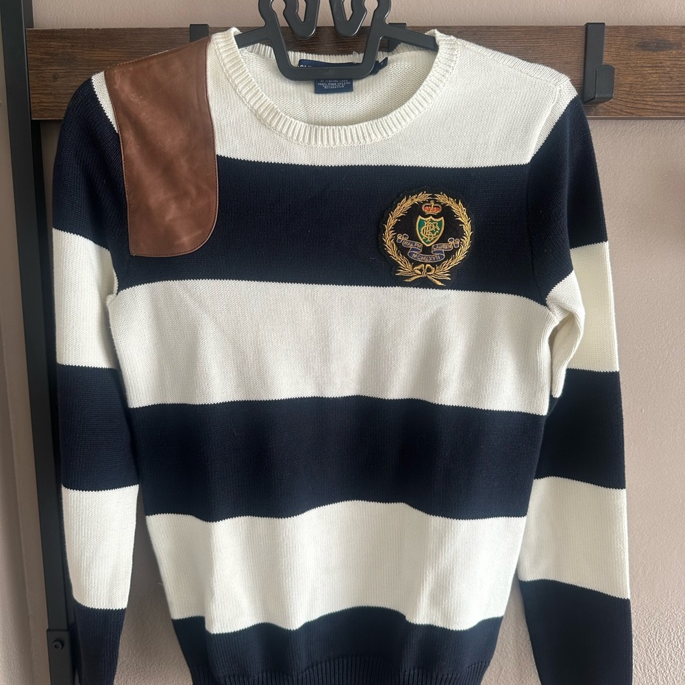 Ralph Lauren Navy & White Striped Crewneck Sweater with Crest and Faux Leather